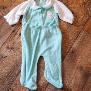 Vtg Baby Terry OWL Snap Zip Footed Sleeper Pajamas White Terry Cloth Green M USA
